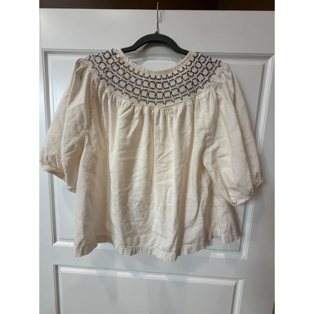 Old Navy Cream Embroidered Blouse Tie Neck Top Medium Coastal Boho Peasant